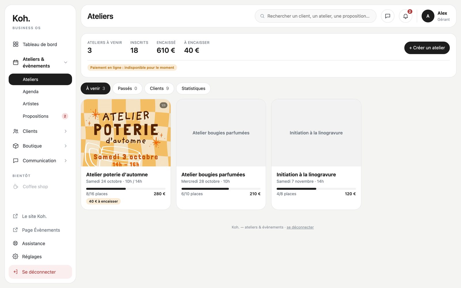 L'écran des ateliers : places, inscrits, encaissé, à encaisser