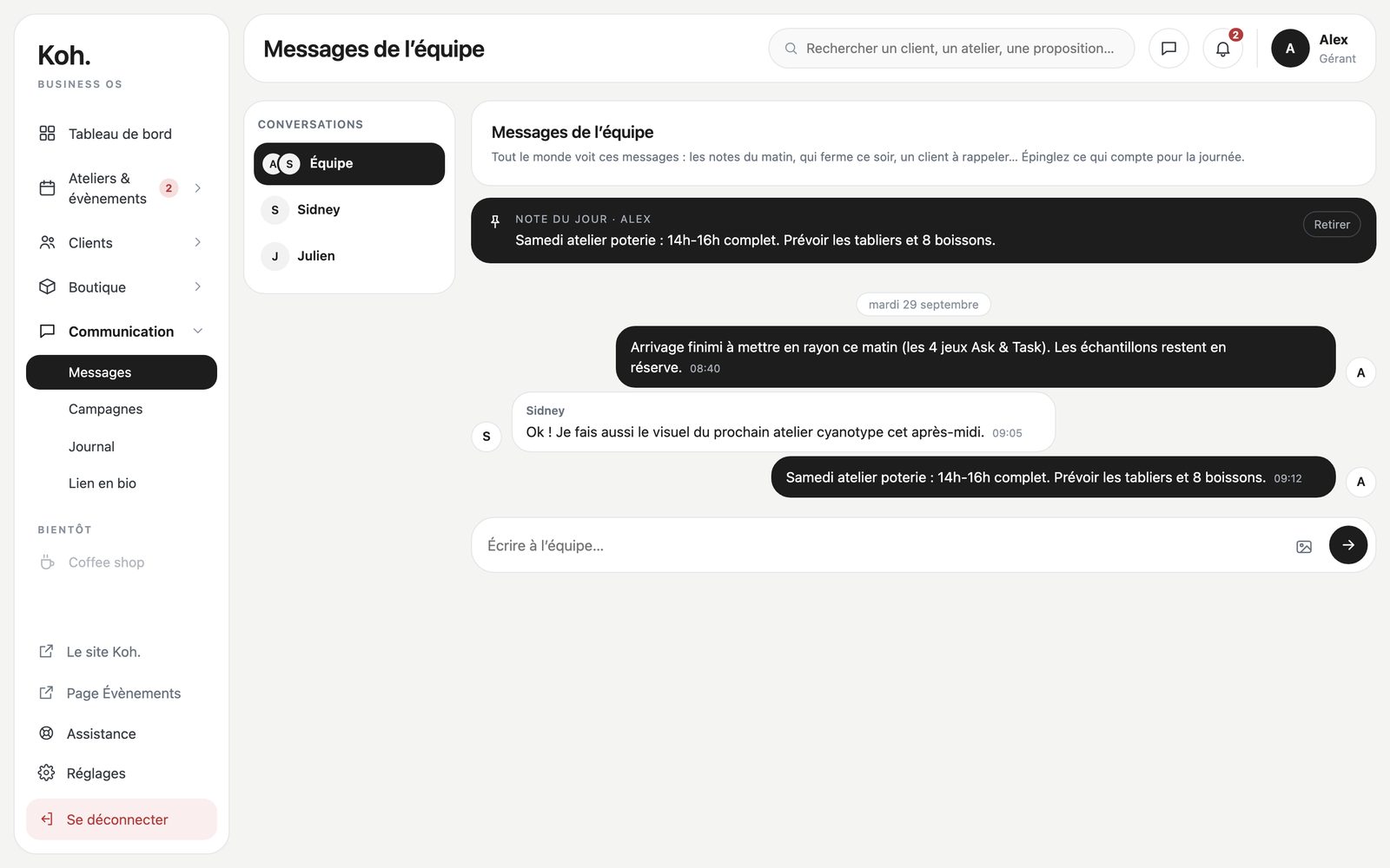 La messagerie interne de l'équipe, avec la note du jour épinglée