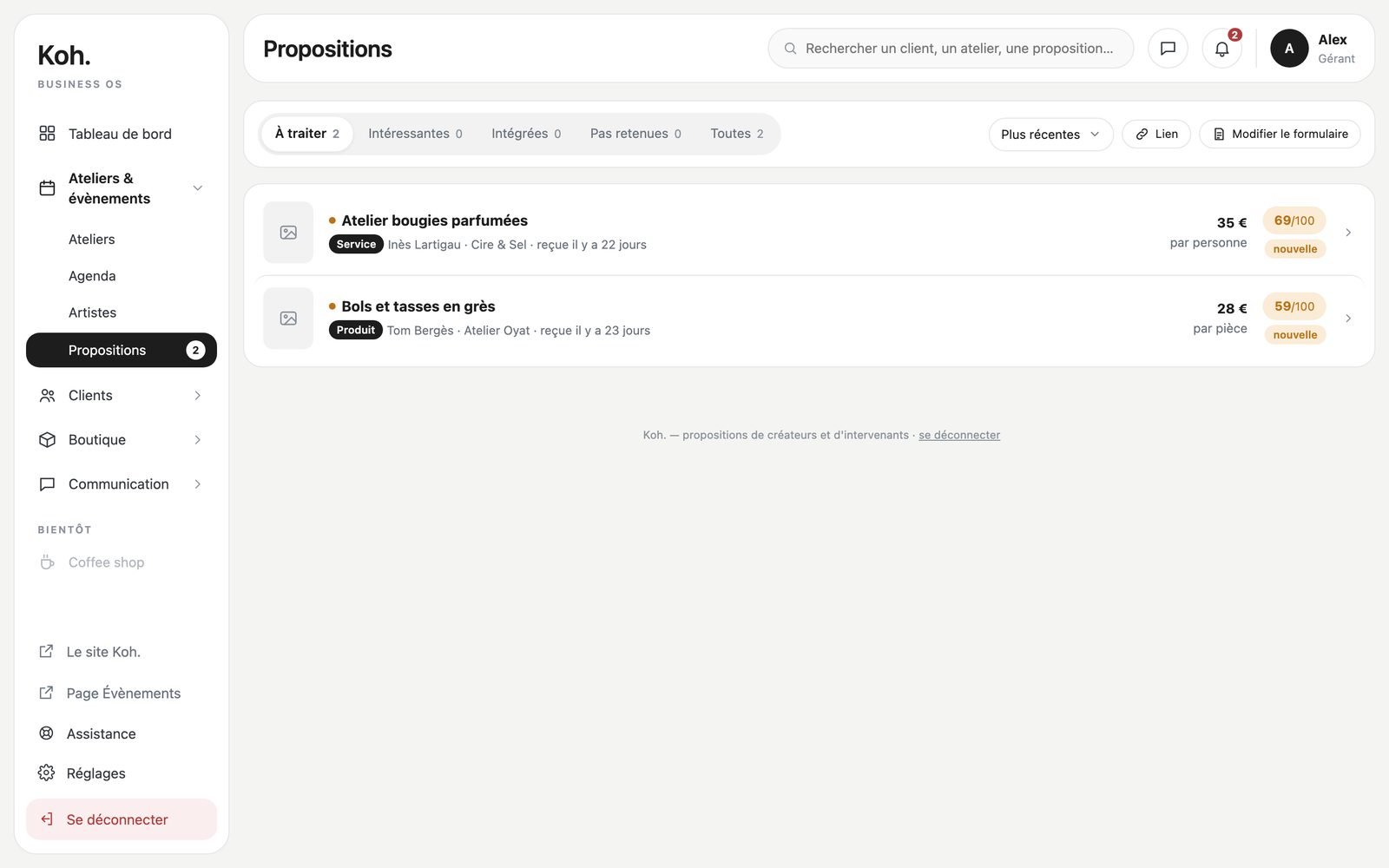 Les propositions reçues des artistes et créateurs, dans l'application