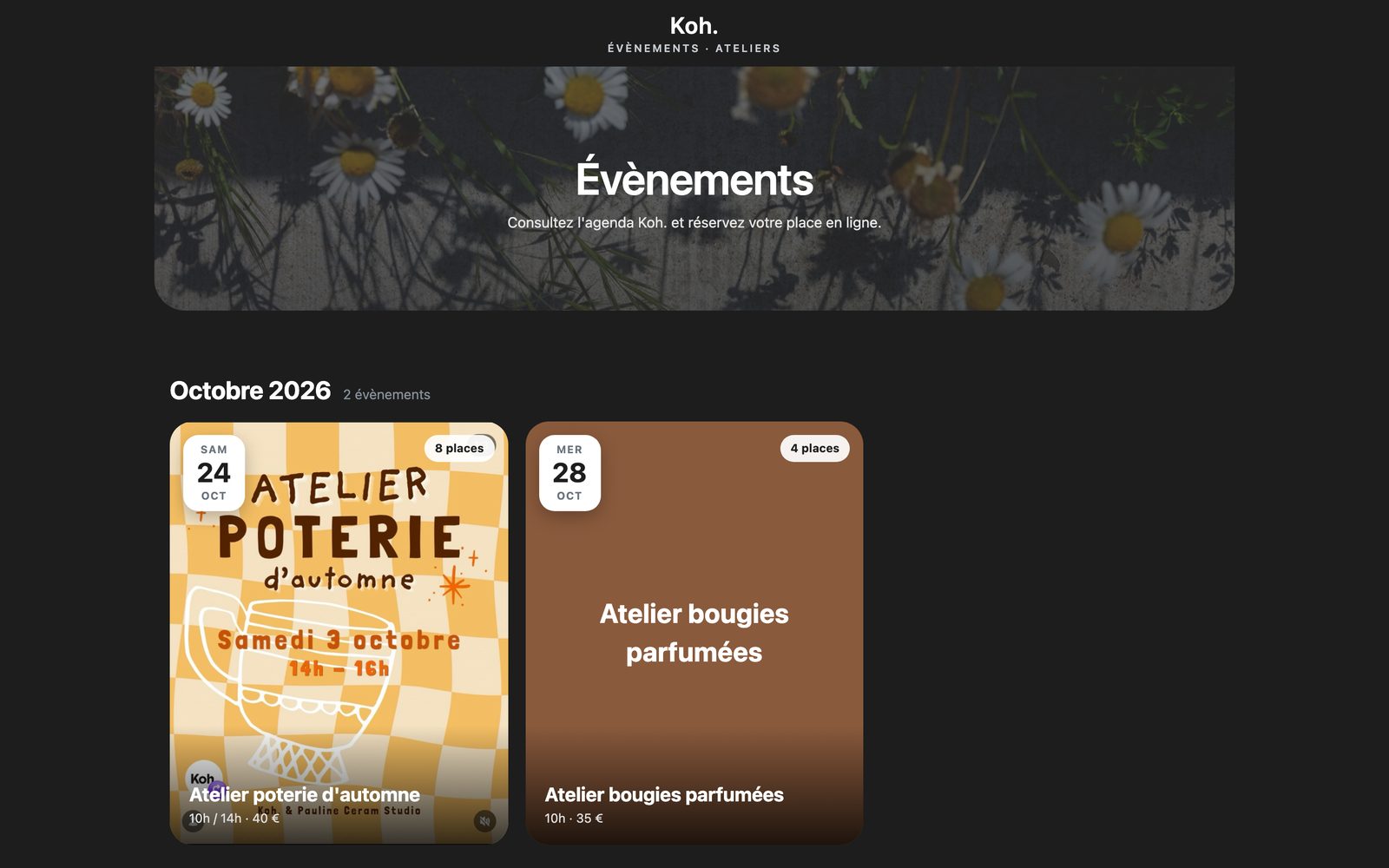 Le site : la page évènements