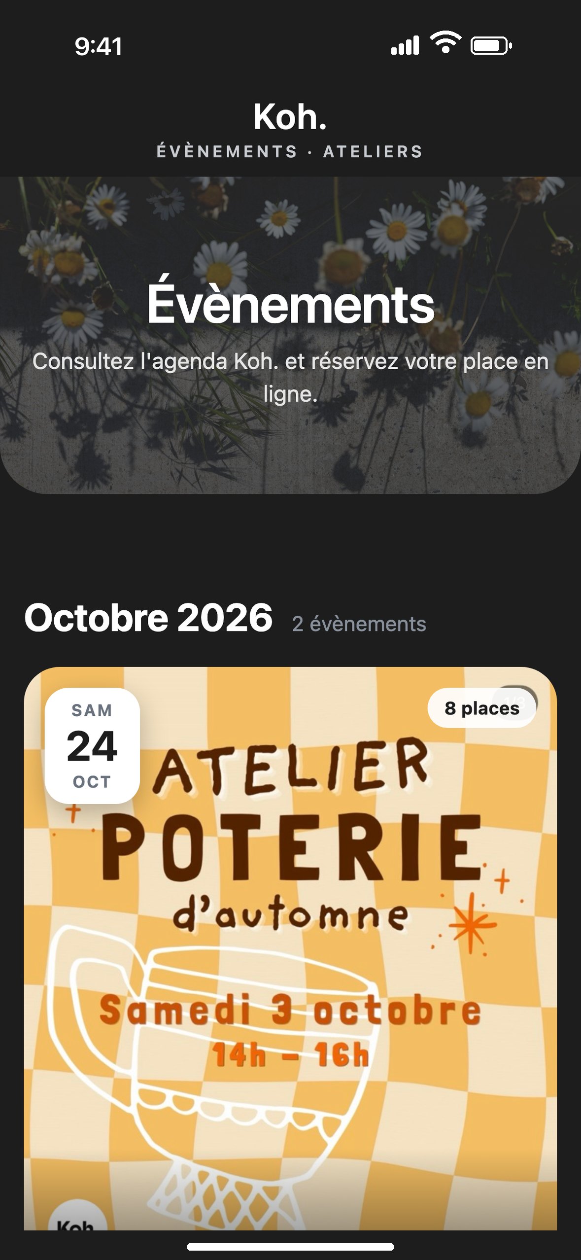 La page évènements sur téléphone