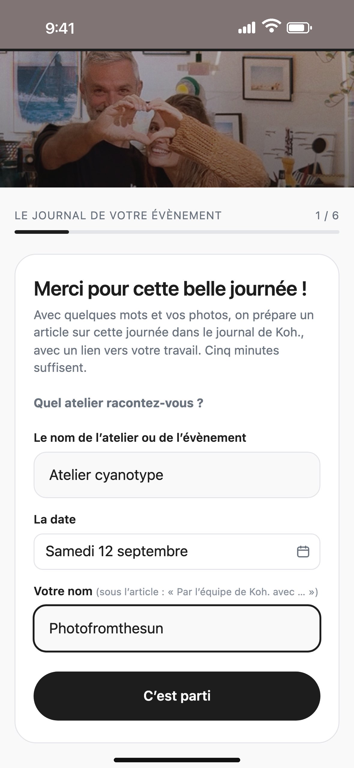 Le formulaire souvenirs, rempli par l'artiste sur son téléphone